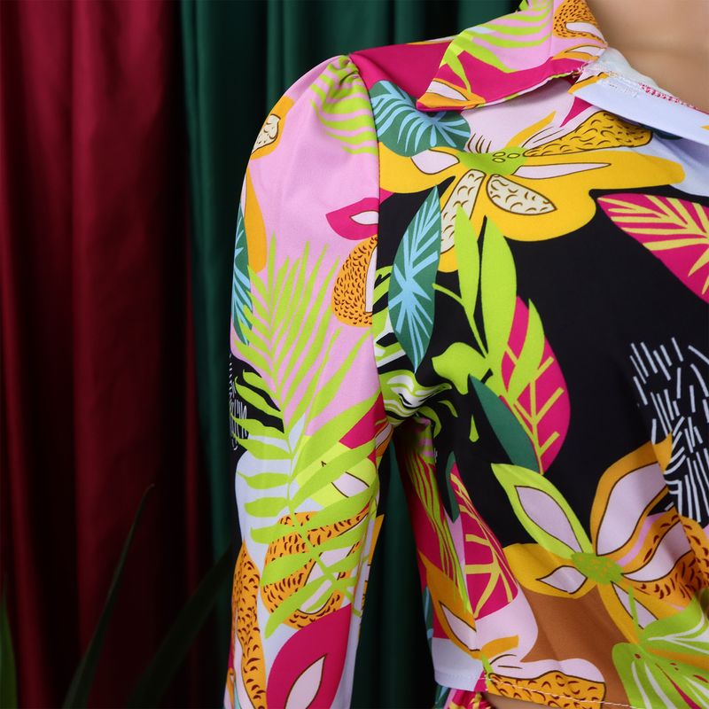 Women's Fashion Print Two-piece Suit Lapel Tie Shirt Wide Leg Pants Suit_autovado.com