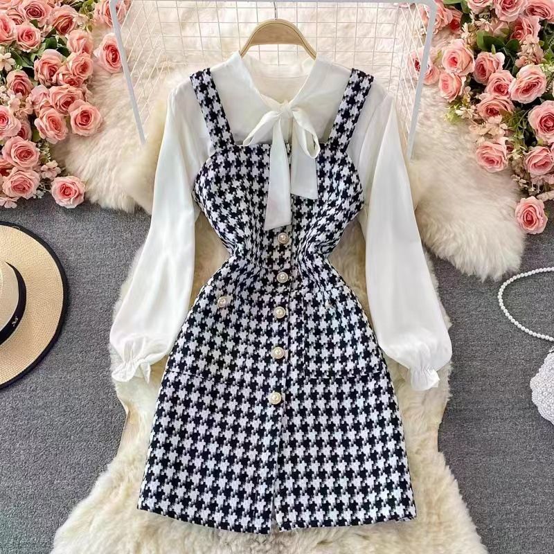 Women's temperament bow tie shirt two-piece suit tweed plaid suspender dress_autovado.com