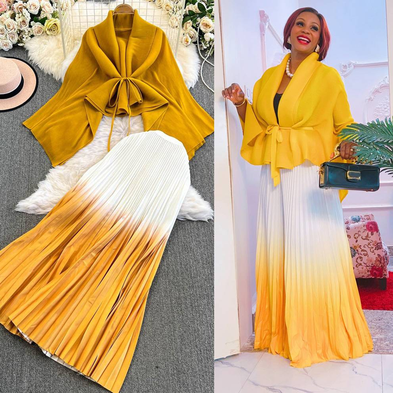Ruffled Butterfly Sleeve Gradient Tie Cape Short Coat Top + Gradient Pleated Skirt Two-piece Suit_autovado.com