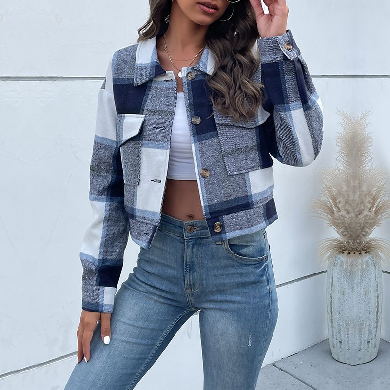 Women's clothing short plaid cardigan lapel jacket women_autovado.com