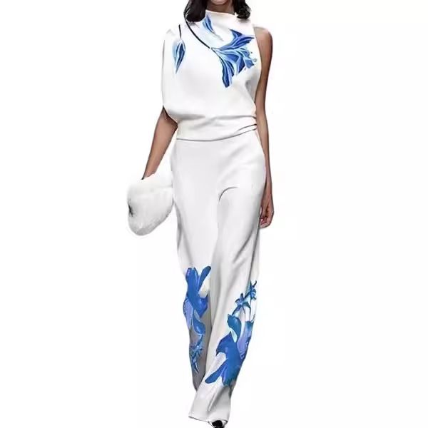 Women's Printed Turtleneck Suit - Sleeveless Two-Piece Suit | Stylish And Chic Suit_autovado.com