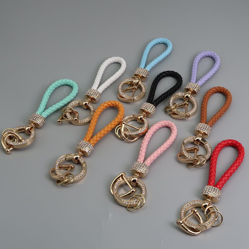 Car Keychain Pendant Diamond-encrusted Keychain Ring Hand Woven Leather Rope Anti-loss D Key Chain_autovado.com