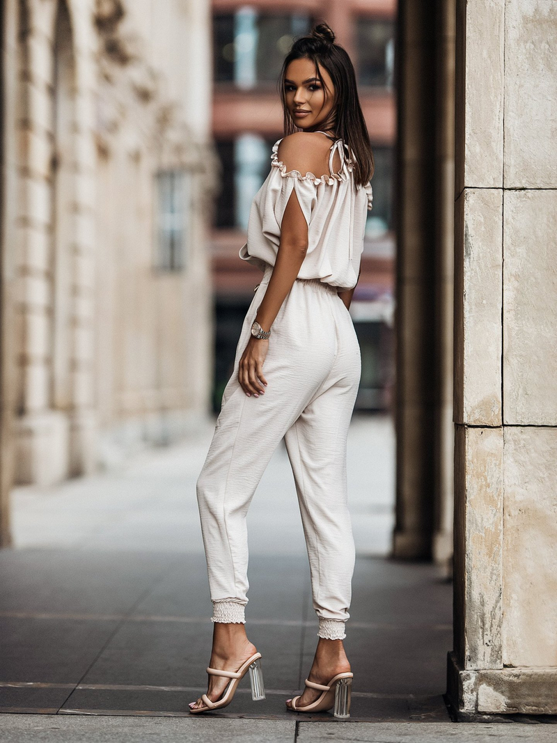 Women V-neck pocket jumpsuit with elastic waist casual pants_autovado.com