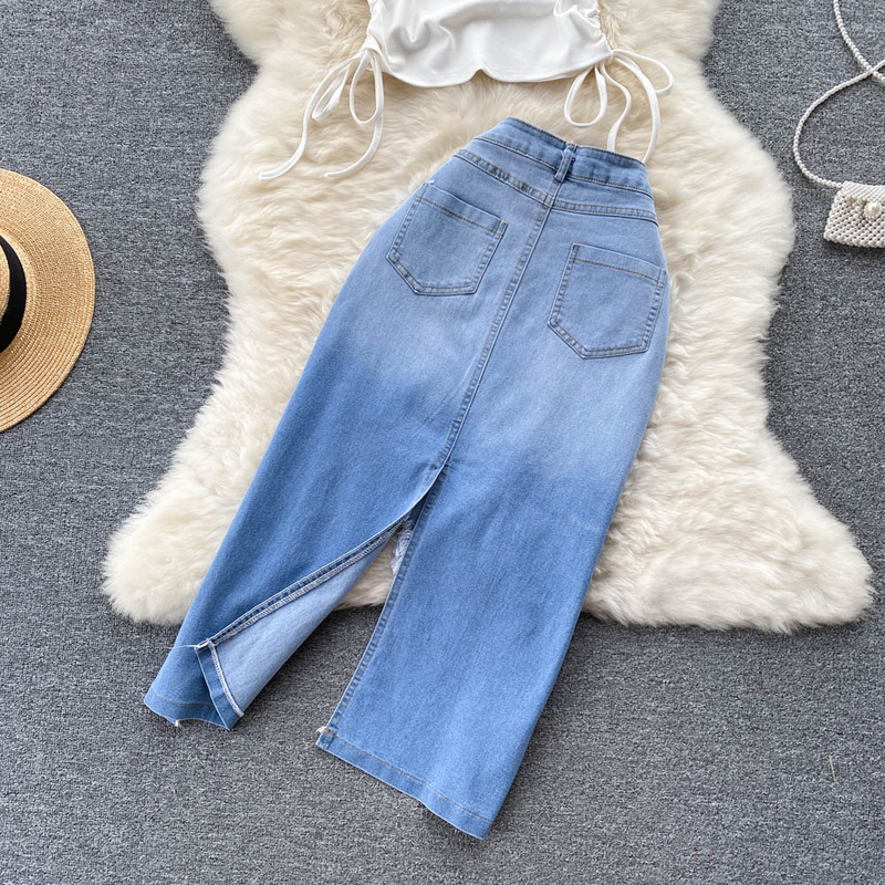 Women's Smocked Strappy Shoulder Vest Irregular Raw Edge Slit Denim Skirt Two-piece Set_autovado.com