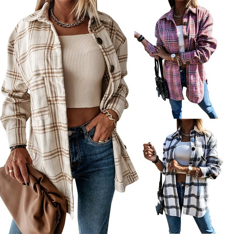 Women's Clothing plaid shirt autumn and winter new loose mid length woolen coat_autovado.com