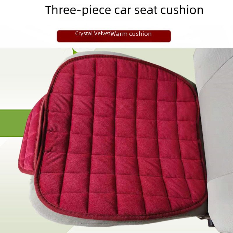 Winter car seat cushion no backrest square embroidered plush tie-free warm three-piece front and rear row single seat cushion_autovado.com