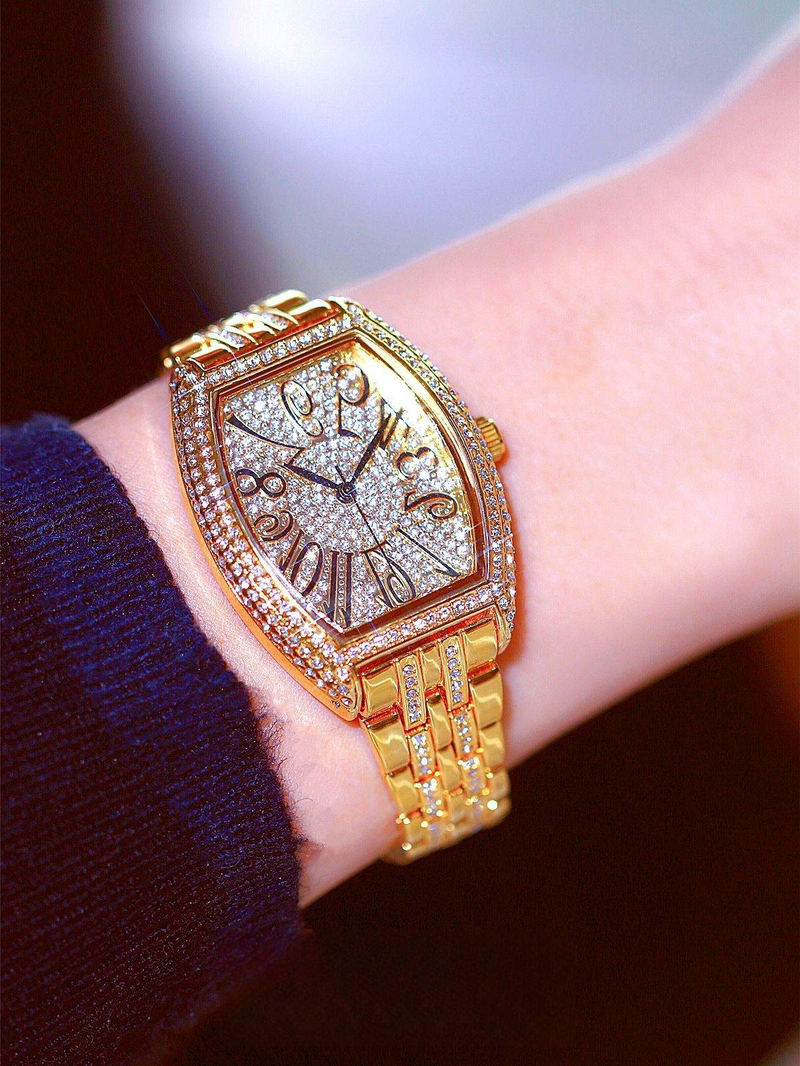 Classic barrel shaped full diamond inlaid luxury women's watch, banquet party jewelry_autovado.com