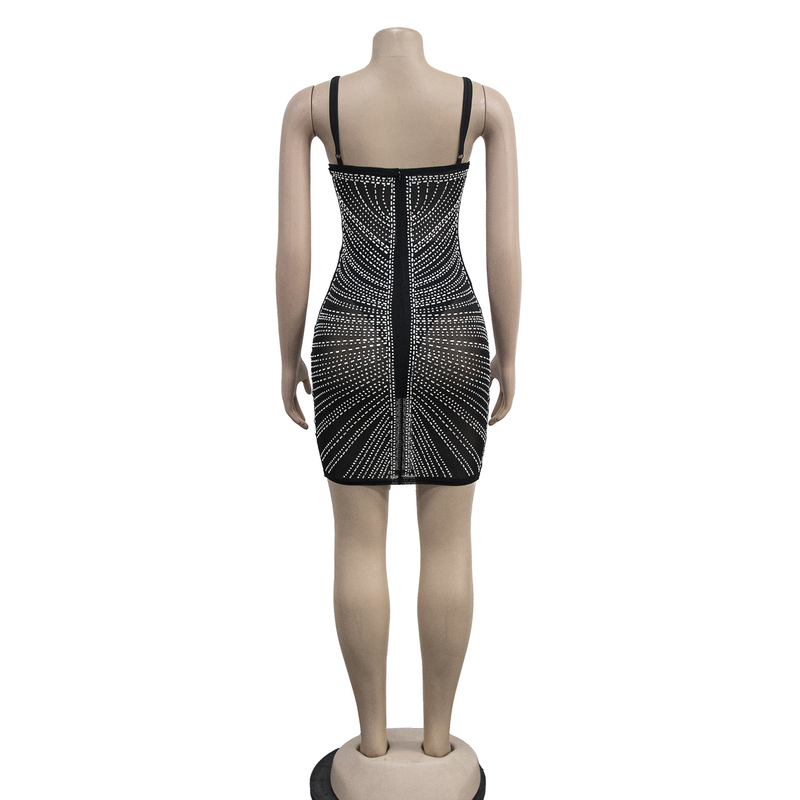 Women's hot diamond mesh suspender sleeveless short skirt dress_autovado.com