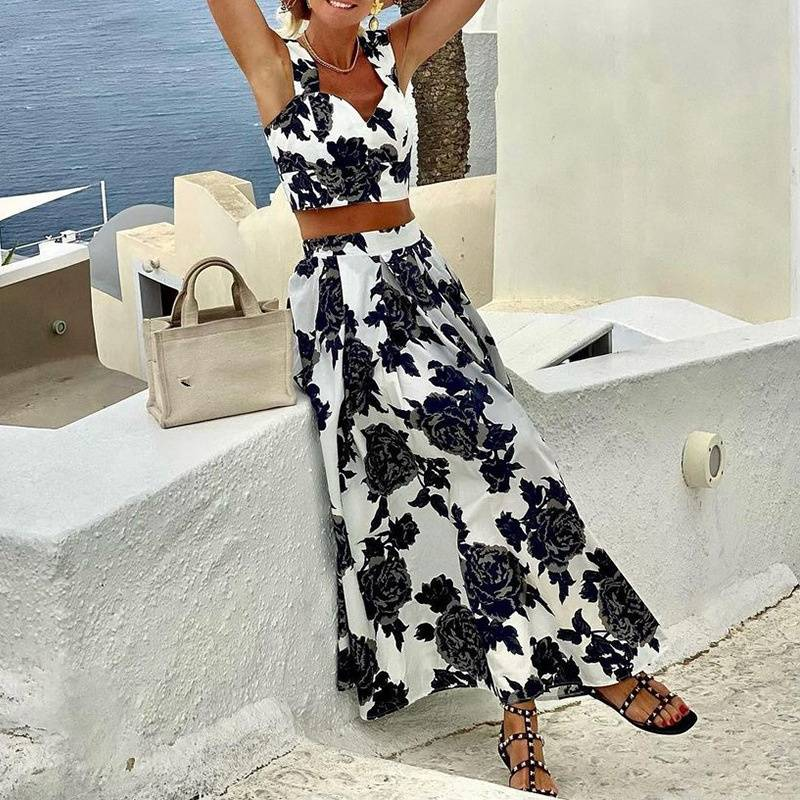 Women's Clothing Fashion Temperament Printed Midi-length Half-length Top and Skirt Two-piece Set_autovado.com