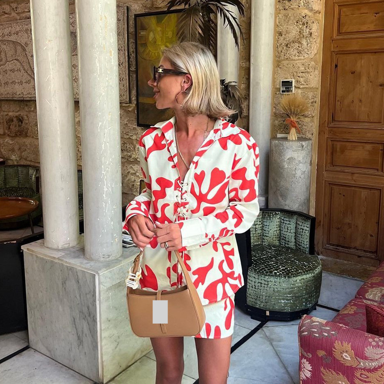 Women's Clothing summer printed short skirt lapel loose women's shirt casual suit_autovado.com