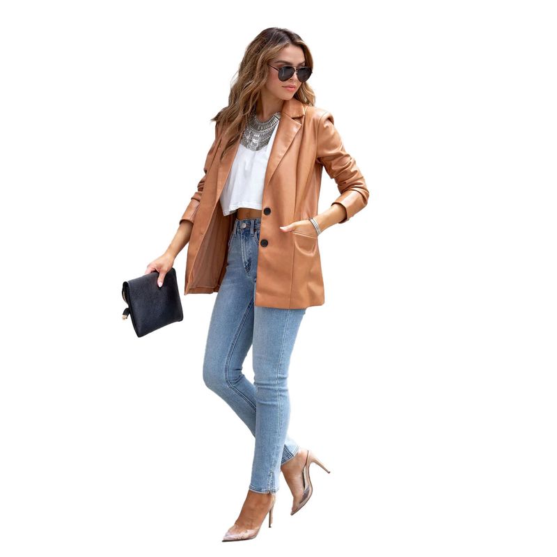 Women's Clothing Street Style Pure Color Casual Fashion Three color Leather Jacket _autovado.com