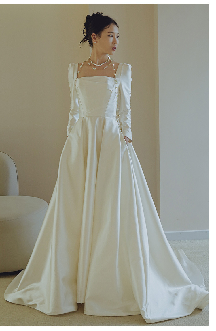 Satin wedding dress bride 2024 new French simple retro long-sleeved wedding dress niche welcome evening dress_autovado.com