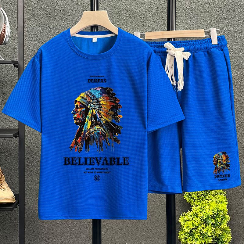 Men's Clothing waffle polo shirt short sleeved T shirt set summer loose clothes tops and pants suits for men_autovado.com