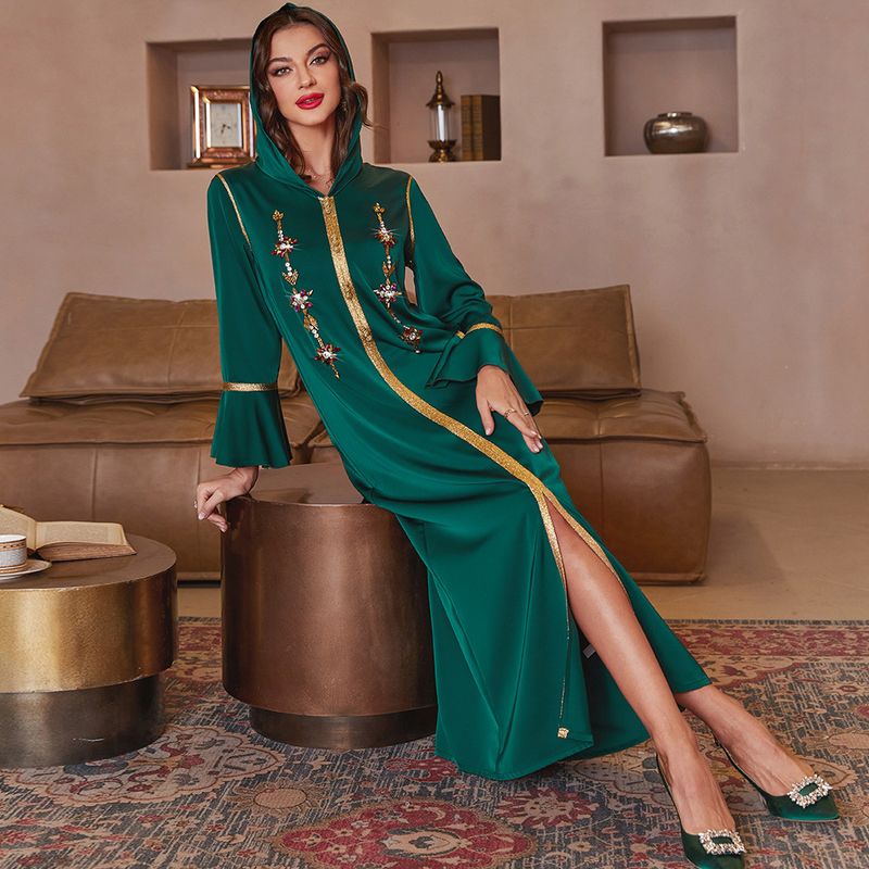 A815 dark green trumpet sleeves front slit walnut satin robe Dubai party banquet dress_autovado.com