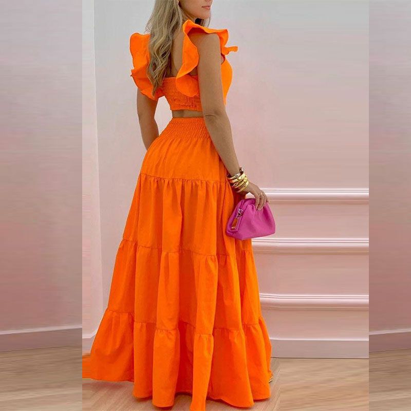 Women's Solid Color Mid-Waist Two Piece Set Sexy Strap Trendy Dress Spring/Summer Casual Ankle-Length Straight Skirt_autovado.com