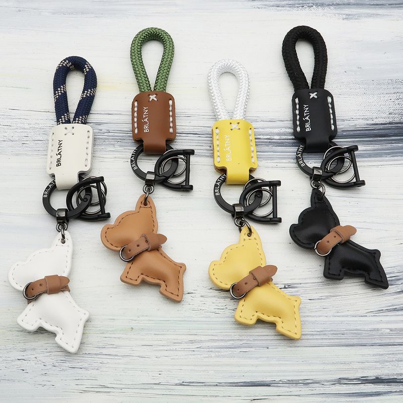Handmade Genuine Leather Puppy Keychain Anti Lost Lanyard Pendant French Fighting Dog Car Keychain Braided Rope Keychain_autovado.com