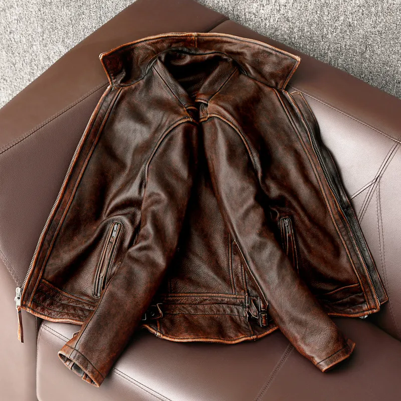 Men Genuine Leather Jacket Vintage Brown 100% Cowhide Coat Man Slim Fashion Biker Clothing Asian Size S6XL M697 Drop_autovado.com