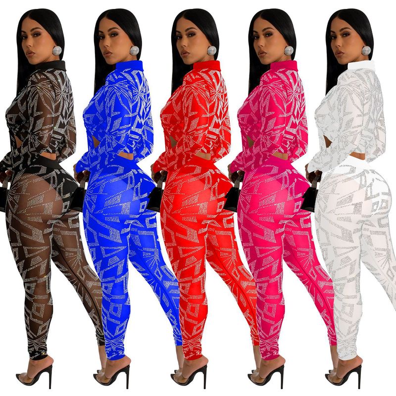 Women's Clothing fashion women's solid color mesh hot diamond long-sleeved trousers two-piece set_autovado.com