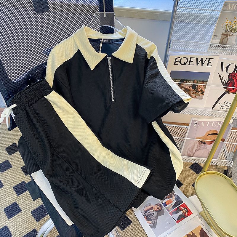 Men's Clothing Waffle sports suit summer men's clothing color matching lapel short sleeved T shirt set with handsome casual shorts_autovado.com