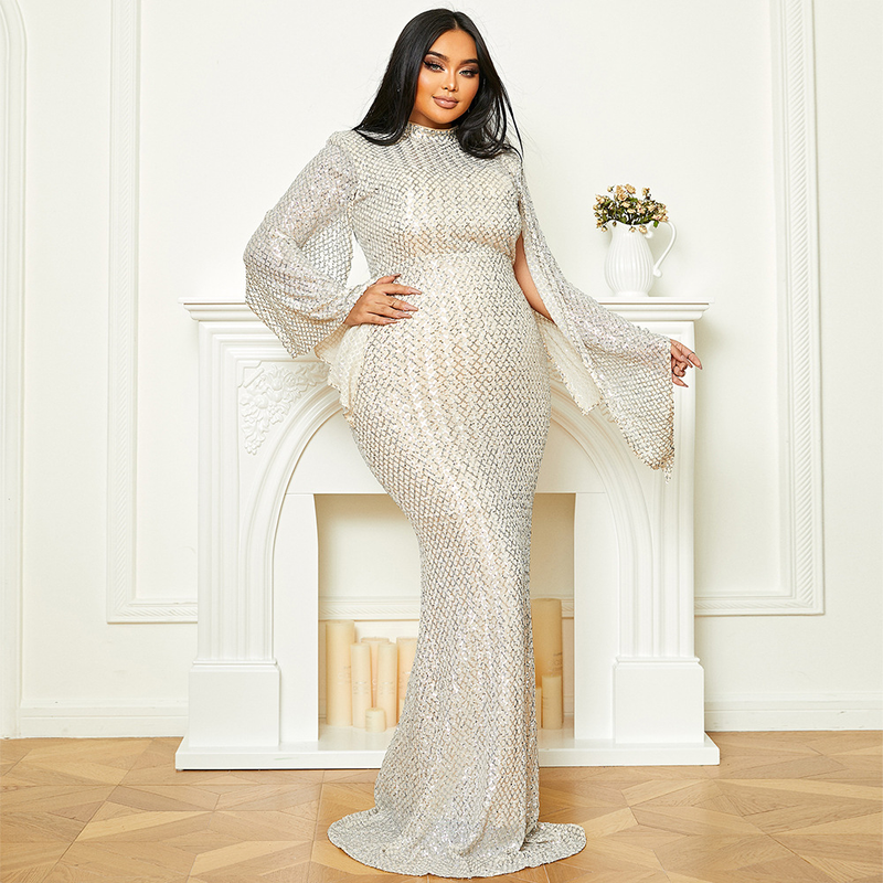 Women's Clothing Large Size Long Wedding Party Banquet Light Luxury Sequined Evening Dress_autovado.com