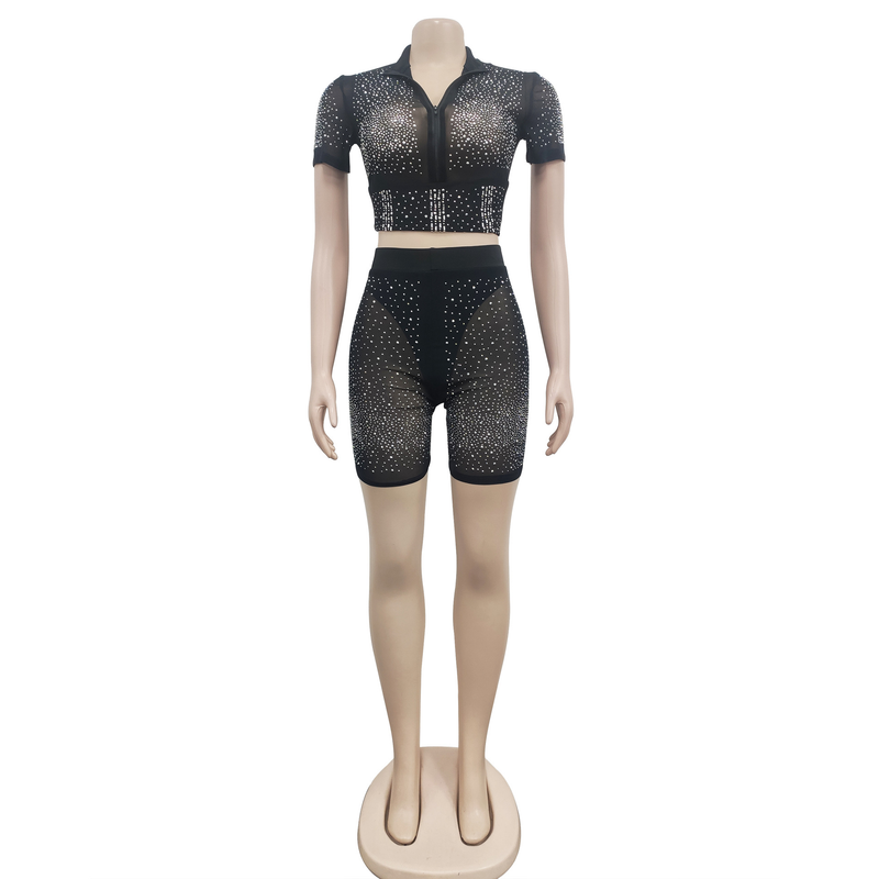 Women's Clothing fashion women's solid color mesh hot diamond short-sleeved shorts two-piece set_autovado.com