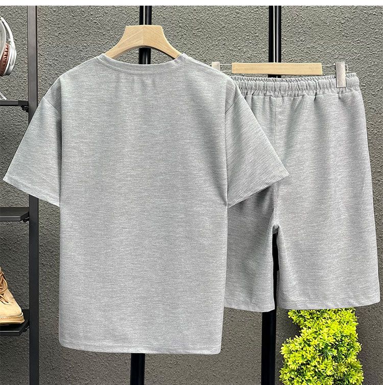 Men's Clothing waffle polo shirt short sleeved T shirt set summer loose clothes tops and pants suits for men_autovado.com