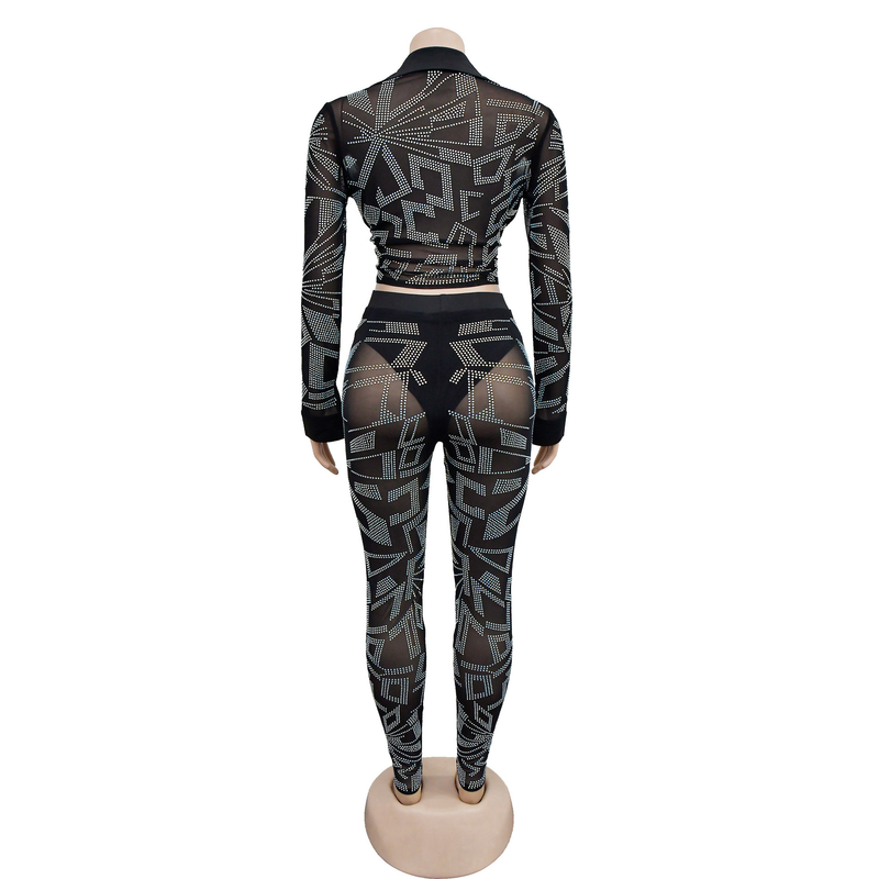 Women's Clothing fashion women's solid color mesh hot diamond long-sleeved trousers two-piece set_autovado.com