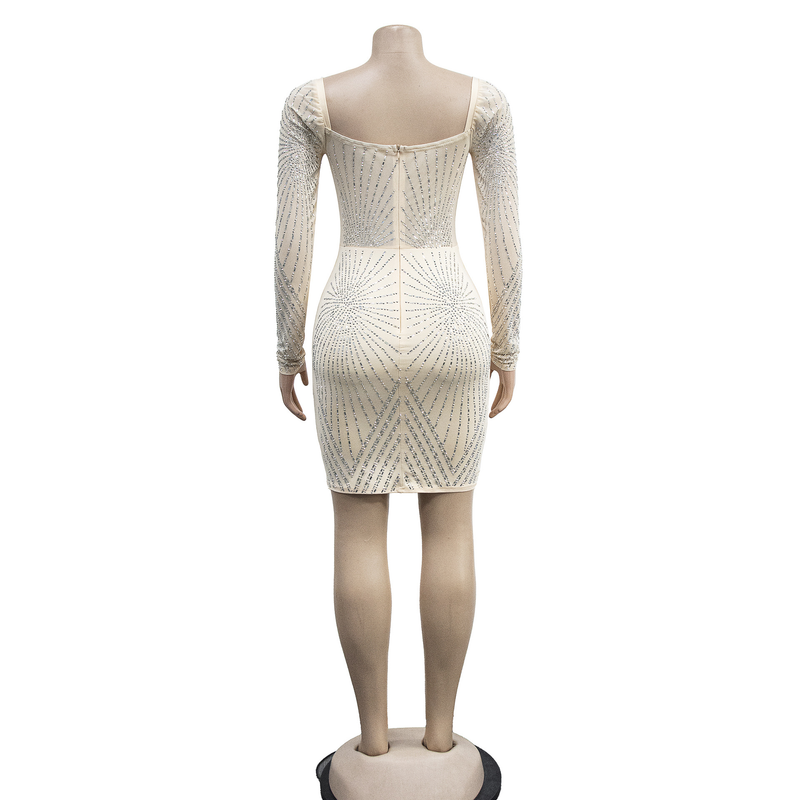 Women's solid color mesh rhinestone long-sleeved short skirt dress_autovado.com