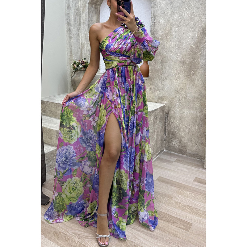 Women's party new casual slit dress INS loose multi-color slant shoulder dress_autovado.com