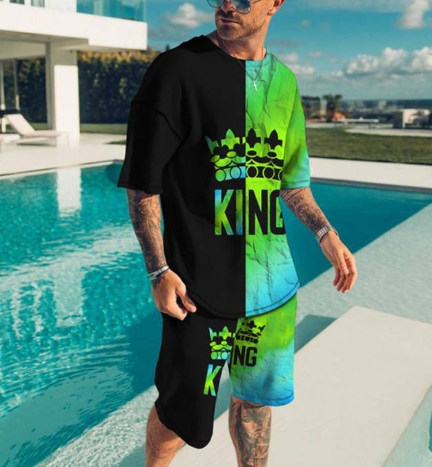 Men's Clothing shorts loose casual short-sleeved suit color matching KING printed T-shirt_autovado.com