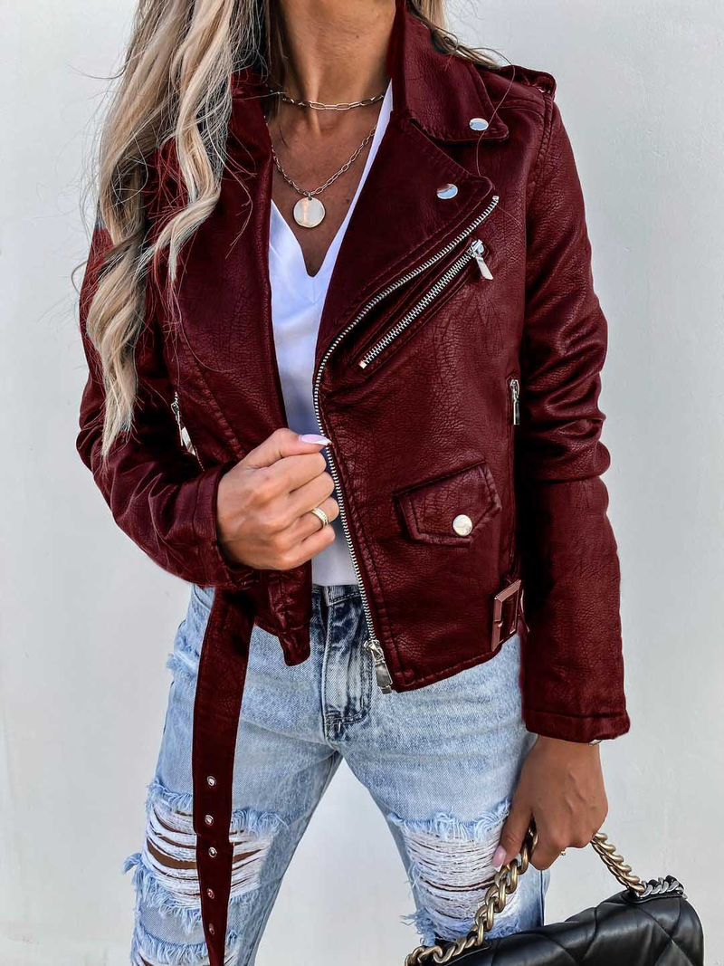 Women's jacket top PU leather jacket motorcycle short zipper_autovado.com