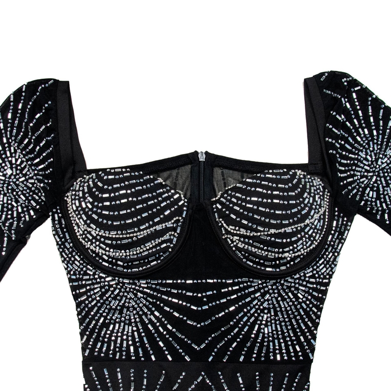 Women's solid color mesh rhinestone long-sleeved short skirt dress_autovado.com
