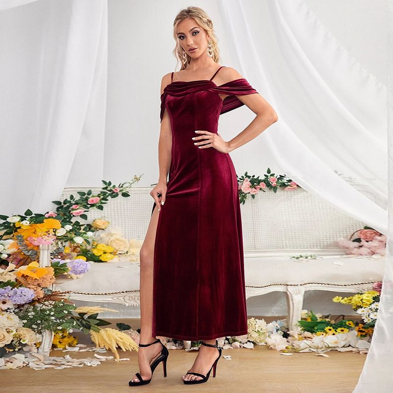 New Women's Evening Party Split Velvet Long Dress Off Shoulder Strap Style Versatile Dress_autovado.com