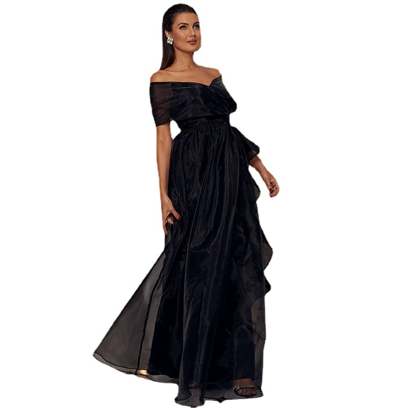 Women's Clothing Adult Black One-word Collar Low-cut Mesh Stitching Pprincess Temperament High-end Evening Dress_autovado.com