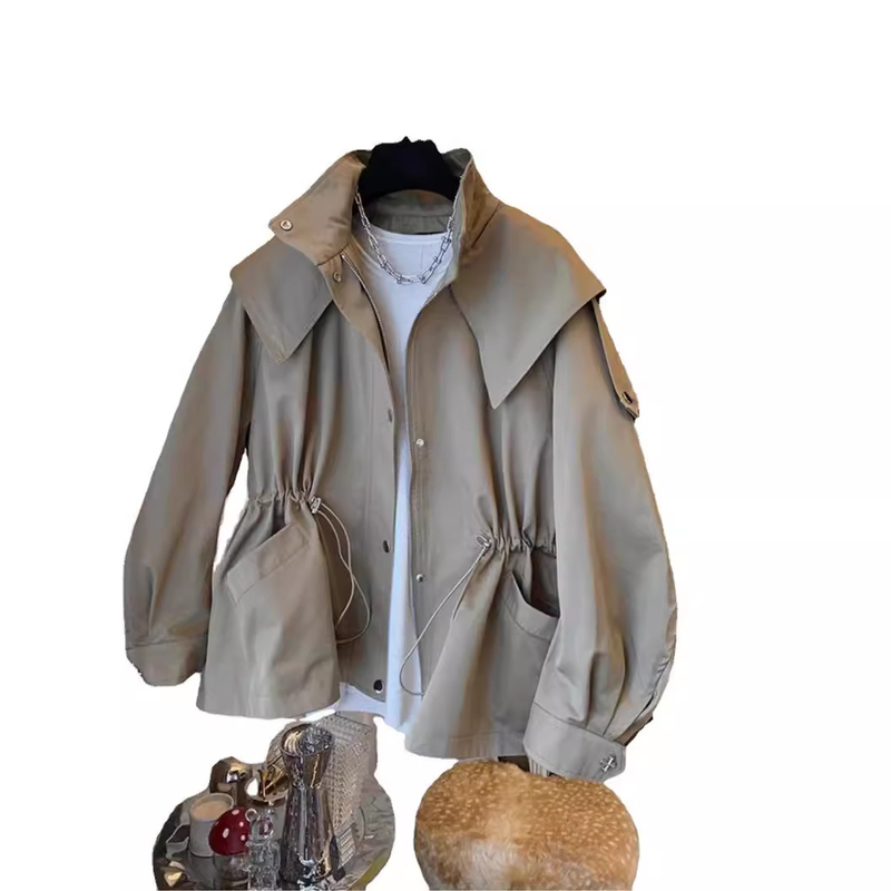 Women's casual drawstring waist tooling trench coat coat female spring and autumn short_autovado.com