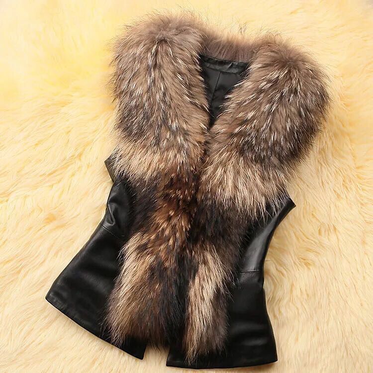 Women's Clothing Adult Vest Fox Fur Collar Pu Vest_autovado.com