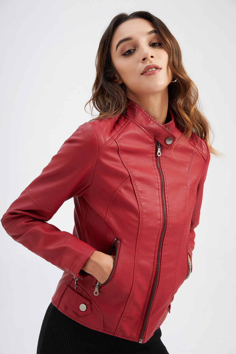 Women's slim jacket Jacket Women's biker jacket large size standing collar leather jacket_autovado.com
