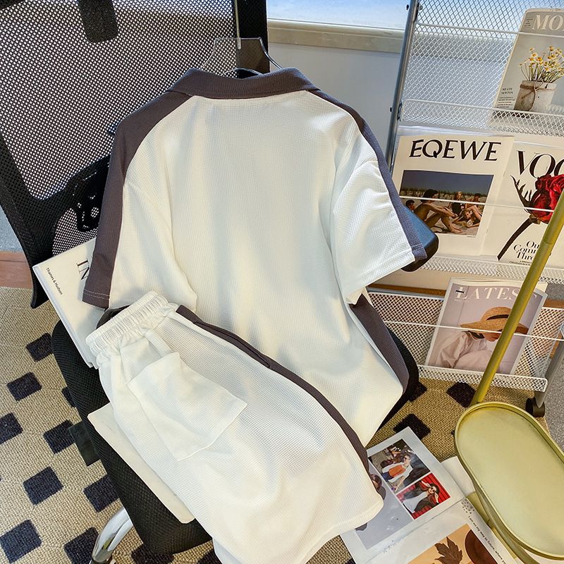 Men's Clothing Waffle sports suit summer men's clothing color matching lapel short sleeved T shirt set with handsome casual shorts_autovado.com