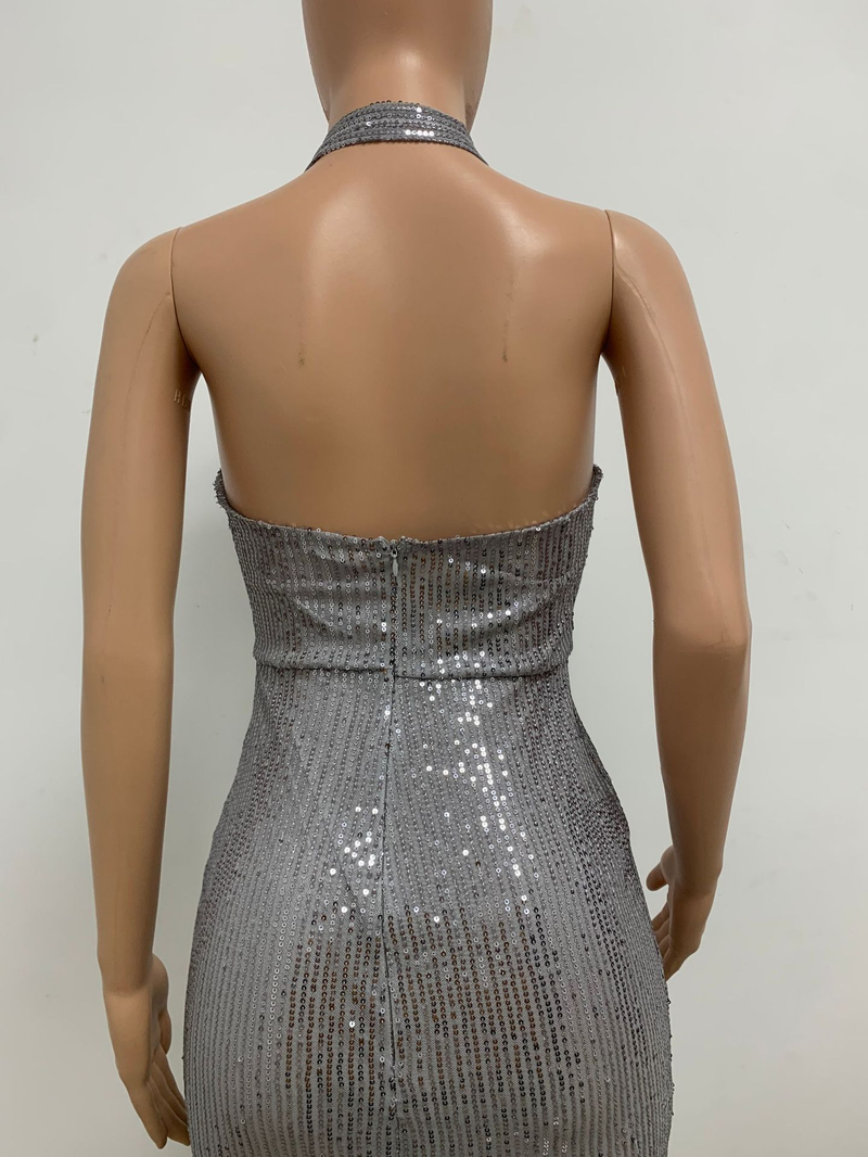 Women's slit sleeveless hot girl dress female halter neck backless sequin dress skirt_autovado.com
