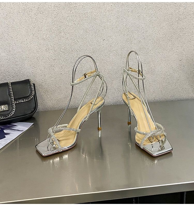 Women's fashion high sense 32-43 open toe square head silver rhinestones all French line with high heels sandals_autovado.com