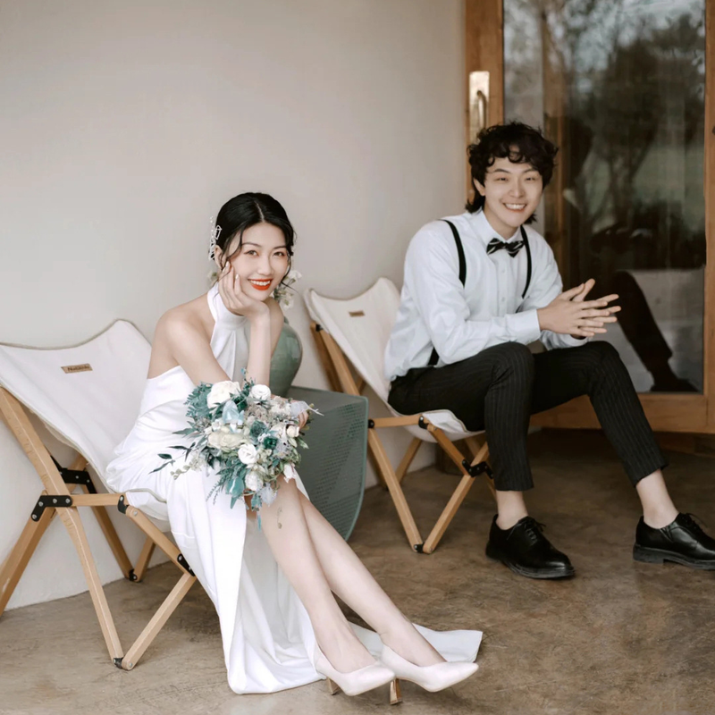 women's wedding dress simple temperament, satin halter neck dress, super fairy travel photo, door veil, celebrity banquet evening dress_autovado.com
