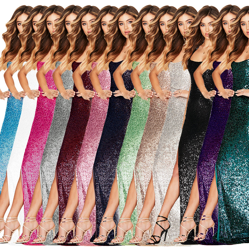 Women's slit sleeveless hot girl dress female halter neck backless sequin dress skirt_autovado.com