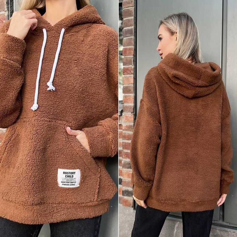 Women's flannel loose hooded long-sleeved pullover plush sweatshirt_autovado.com