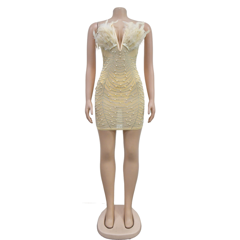 Women's Solid Color Mesh Rhinestone Feather Skirt Dress_autovado.com