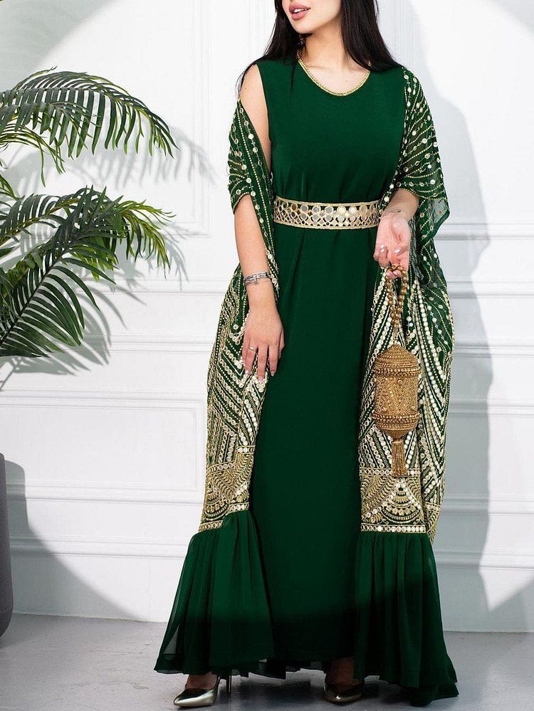 Women's printing fashionable urban casual bat-sleeve pleated vest printed with belt two-piece set_autovado.com