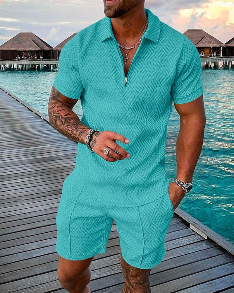Men's Fashion Casual Suit 3D Printed Zipper Short Sleeve Polo Shirt Shorts 2-Piece Set_autovado.com