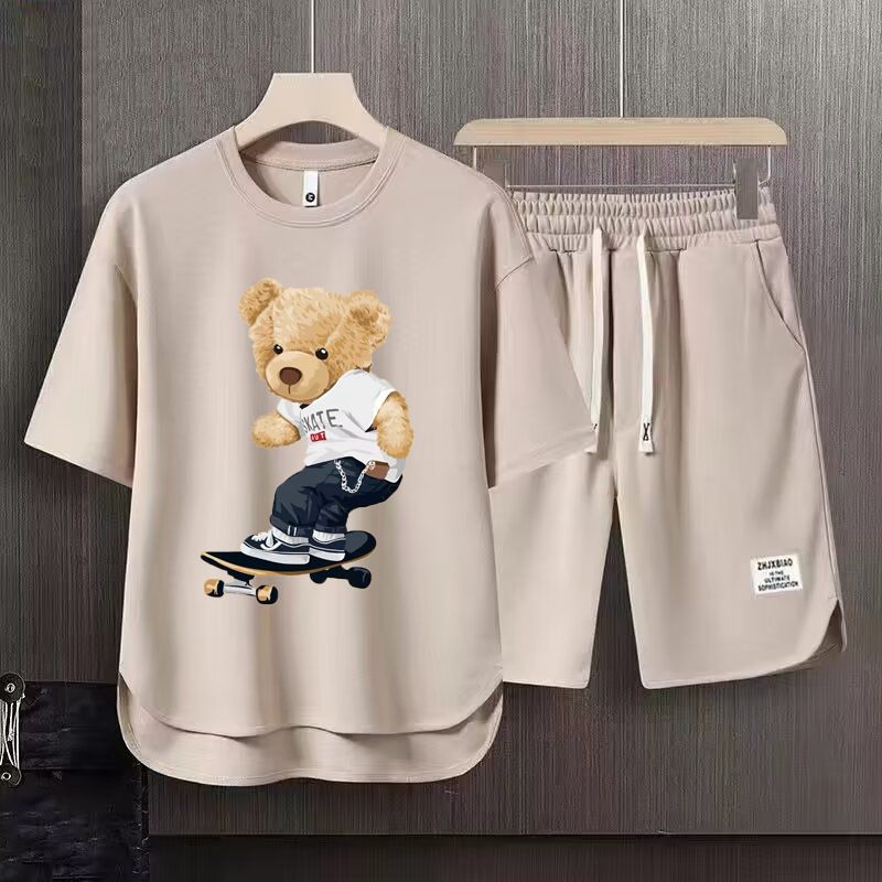 Men's Clothing 2024 Waffle Casual Summer Suit Men's Loose Teen Short sleeved T shirt Shorts Handsome Two piece Suit_autovado.com