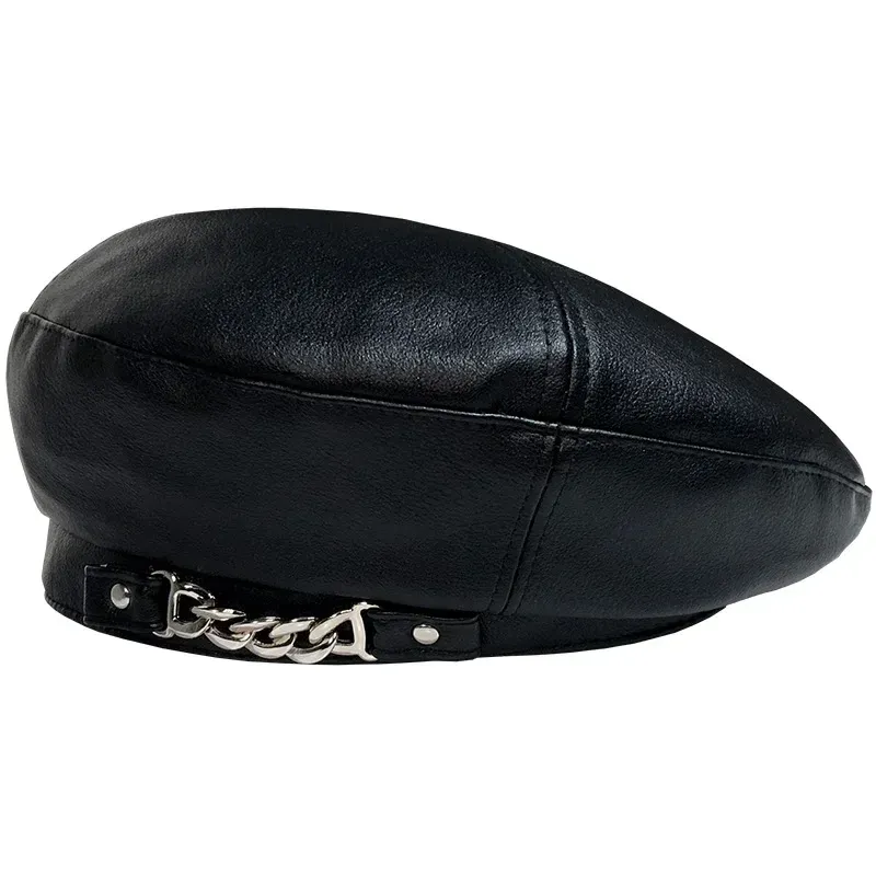 Hot Sale Vintage Women Solid Cap Pu Leather Chain Beret French Artist Warm Beanie Female Ladies All-Match Adjustable Hat_autovado.com