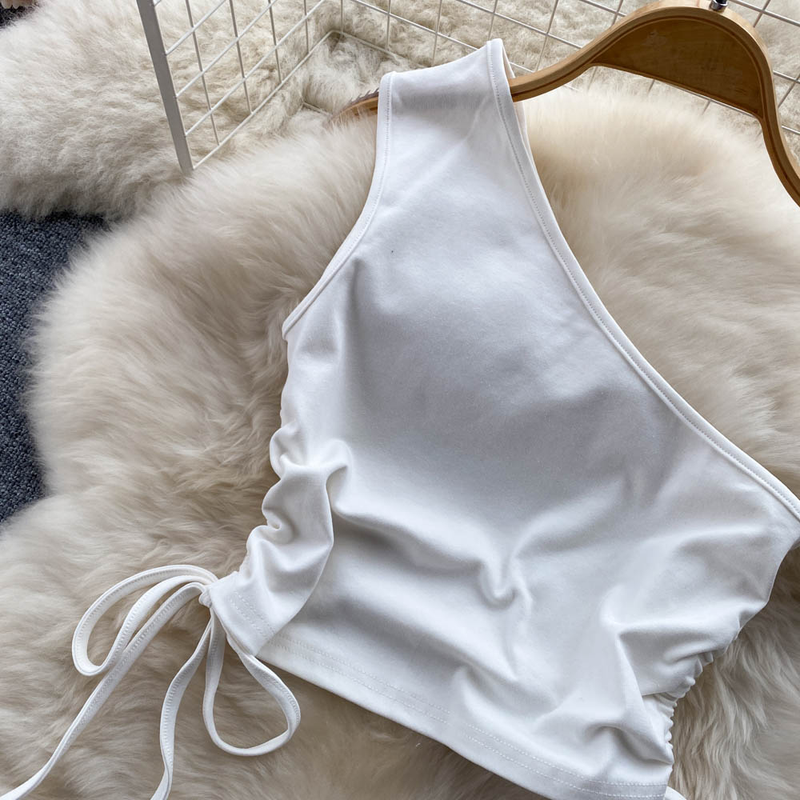 Women's Smocked Strappy Shoulder Vest Irregular Raw Edge Slit Denim Skirt Two-piece Set_autovado.com