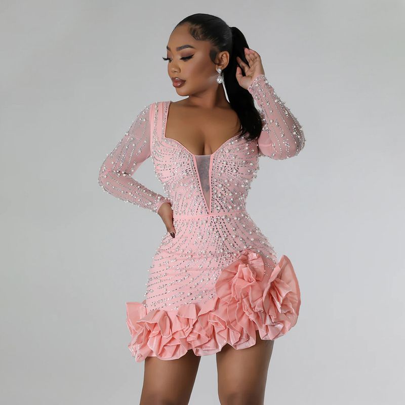 Women's Clothing Hot Diamond And Bubble Bead Dress Short Skirt For Women, Fashionable Long Sleeves And Square Collar_autovado.com